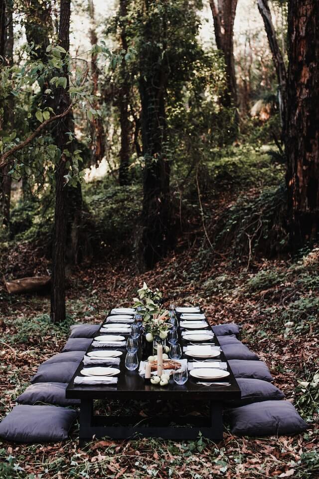 Luxurious outdoor picnic in forest with cushions and long plated table