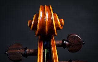 The view of a violin head on black background